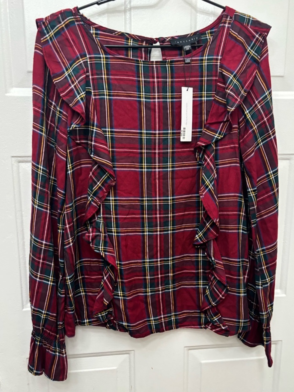 Sanctuary Red Plaid Ruffle Long-Sleeve Blouse